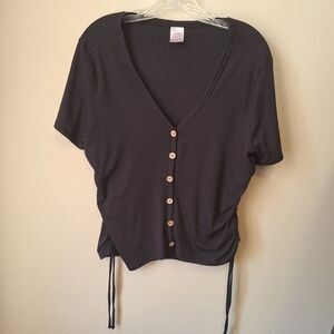 Black Button-Up V-Neck Women's Top